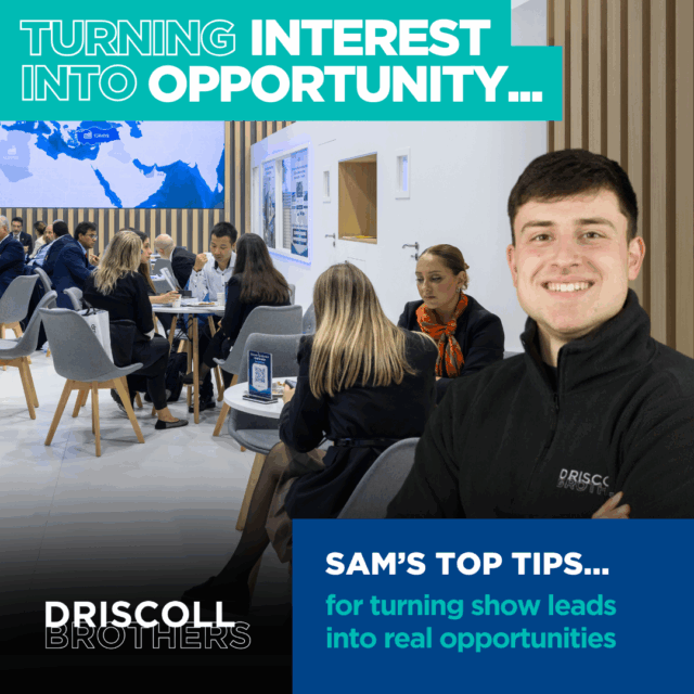 Sam's picture in the corner infrot of people chatting on tables in a booth with the title of 'Turning interest into opportunity' in the corner