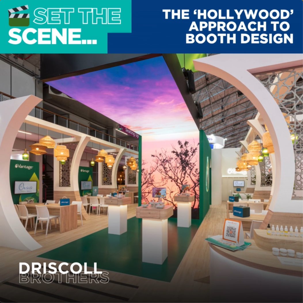 A picture of the 3D graphic screen on the Vantage booth with a pink sunset on and the title of 'The Hollywood approach to booth design' in the corner 