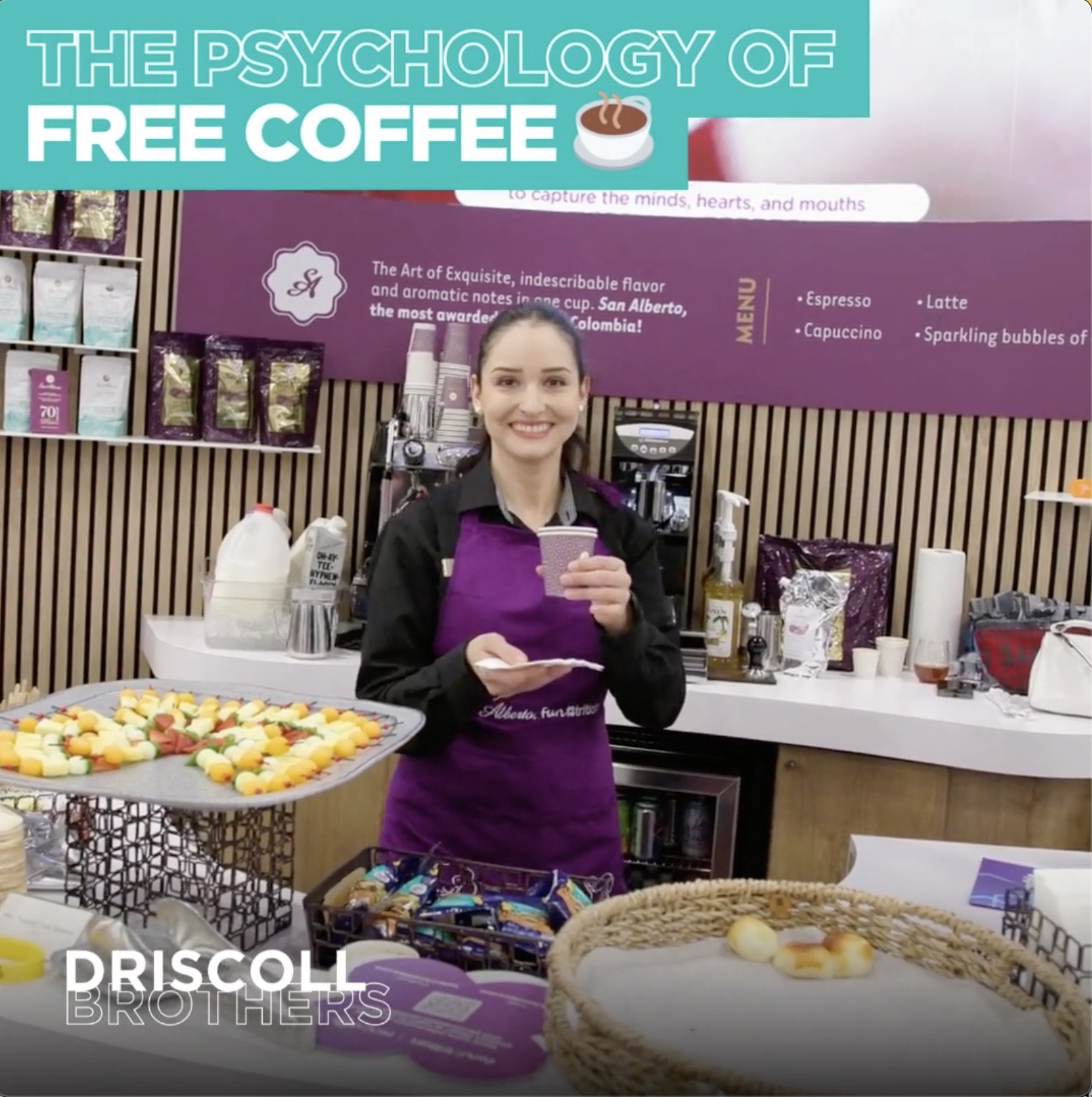 A picture of a barista smiling holding a coffee with the title of 'The psychology of free coffee' in the corner