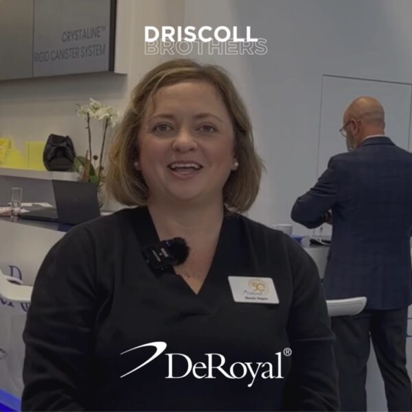 A picture of Stevie Hayes in the DeRoyal booth giving her testimonial with the DeRoyal logo